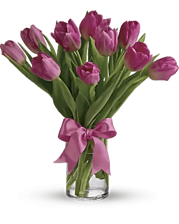 Precious Pink Tulips - Beautiful and "simply said" light pink tulips are a hip way to show you care. Ten delicate light pink Tulips arranged in a clear glass vase. Orientation: All-Around