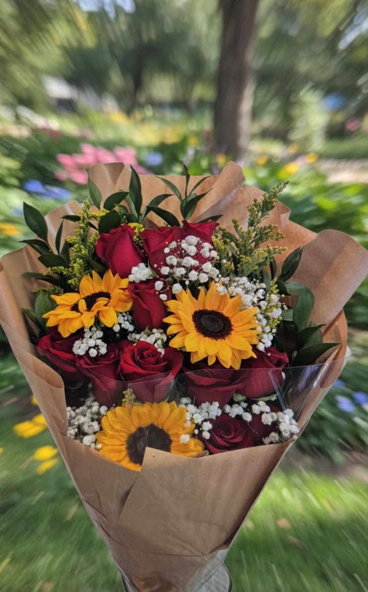 bouquet of roses and sunflowers - Roses and sunflowers may vary depending on the price.
