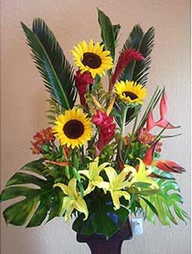 Tropic Elegance - Tropical Flowers as shown arranged in a vase  