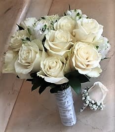 Bride Bouquet and Boutonniere  - 1 Bride Bouquet with 24 white roses and other flowers with greens, 1 Gentleman's single rose Boutonniere.