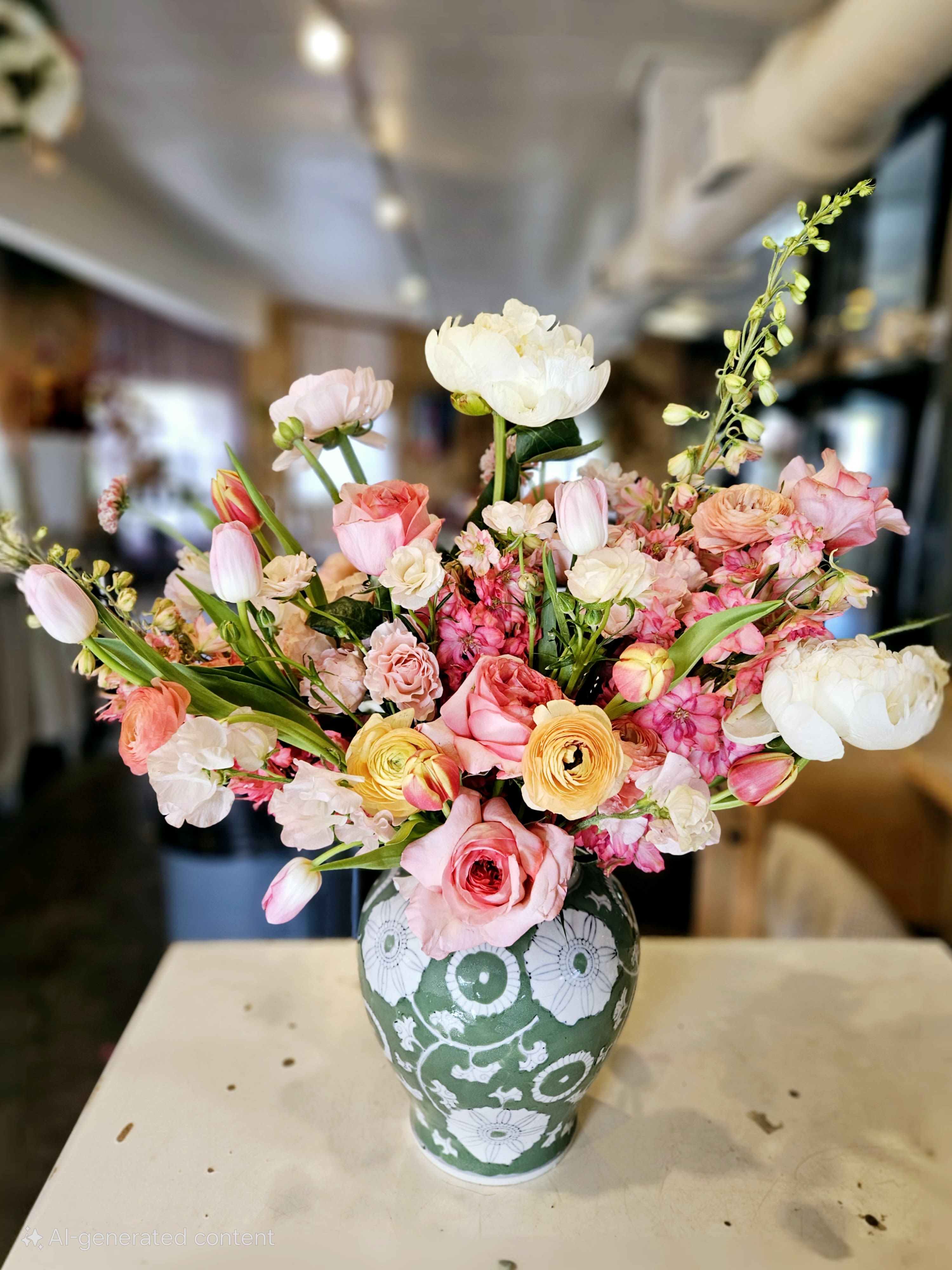 Beautiful Blooms - Decorative ceramic vase with a stunning display of premium seasonal blooms.  This custom design will make an very impressive statement.