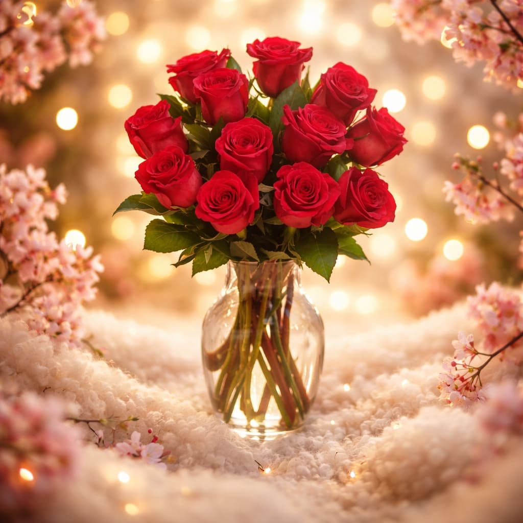 In Red -  SUBSTITUTION POLICY: In some instances, our photo may represent an overall theme and includes a one-of-a-kind vase which cannot be exactly replicated. Although the actual arrangement may not precisely match the photo, it will be as close as possible. Occasionally, substitutions of flowers and/or containers happen due to weather, seasonality, and stock availability.  If any design elements are of major importance to your order, please include them in the florist instructions at checkout our contact us to ensure availability.