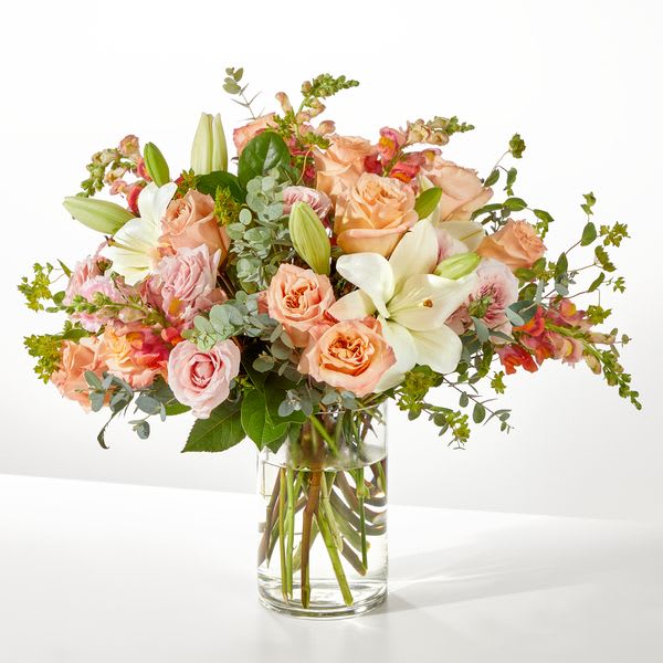 Grapefruit Splash Bouquet - Grapefruit Splash is a vibrant, refreshing floral design featuring a beautiful blend of peach, soft pink and white blooms. Accented with lush greenery, this arrangement brings a bright, uplifting feel that's perfect for any occasion!