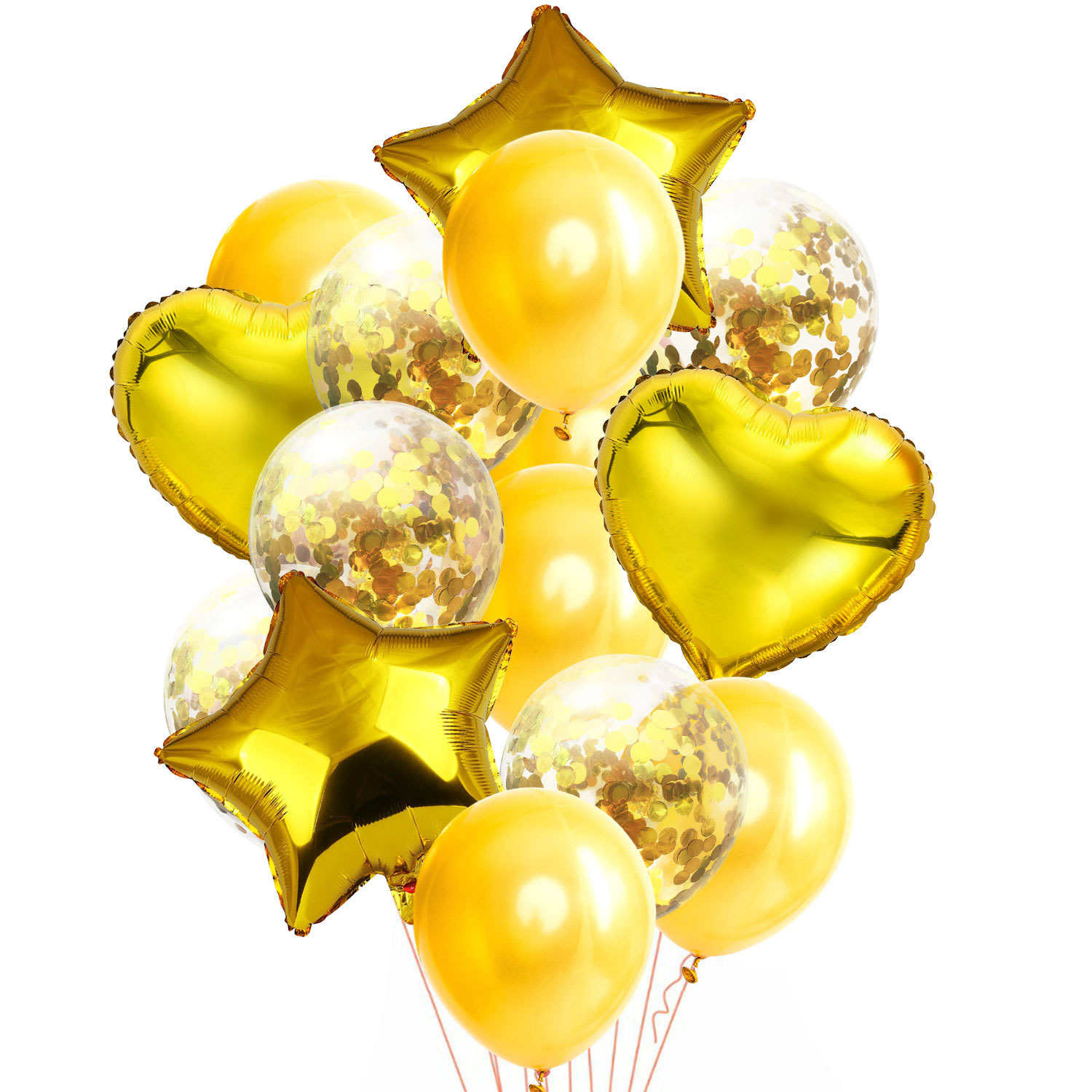 Gold Balloon Bouquet  - 2- 18" Gold star mylar balloons. 2- 18" Gold heart mylar balloons.  5- Gold confetti latex balloons. 5- Gold solid latex balloons.