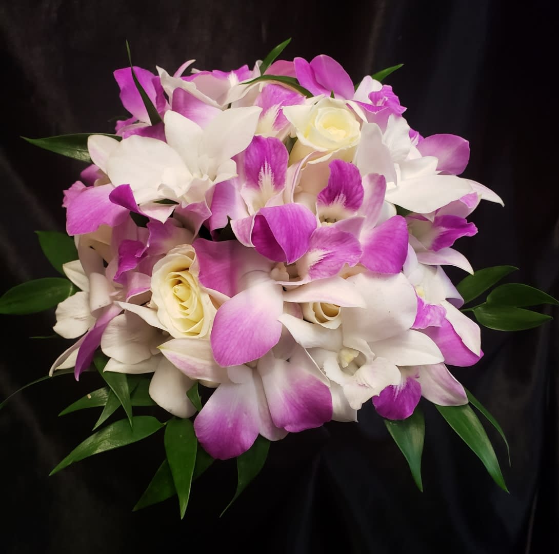 8-9" Clutch Bridal  - White + purple dendrobium orchids, roses, ruskus 