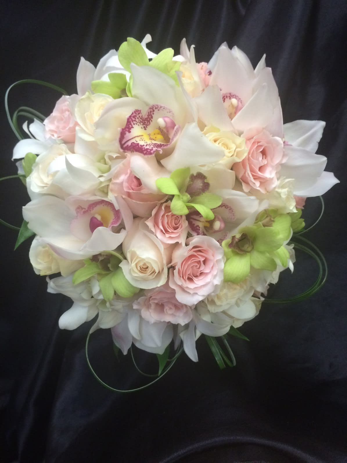 WEDDING CLUTCH Orchids/Roses - 10 in. PINK, WHITE &amp; GREEN CYMBIDIUMS, LIGHT PINK ROSES, BEAR GRASS
