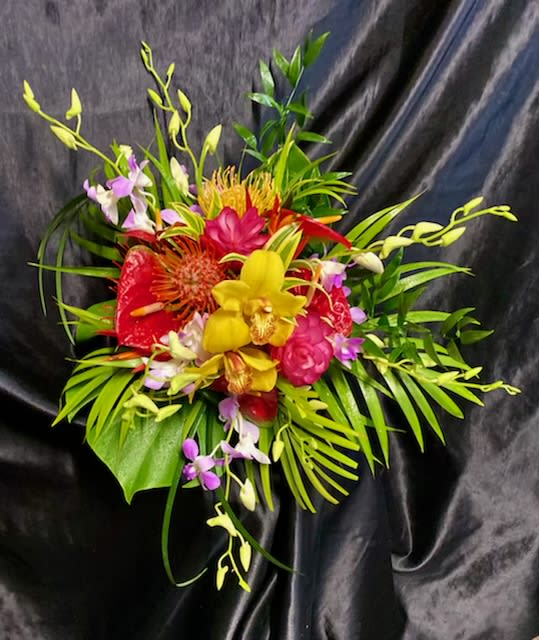 Tropical Unstructured Clutch Bridal  - NEW Style:   A  gathering of multi colored tropical flowers:  Orchids,  gingers. anthuriums, 