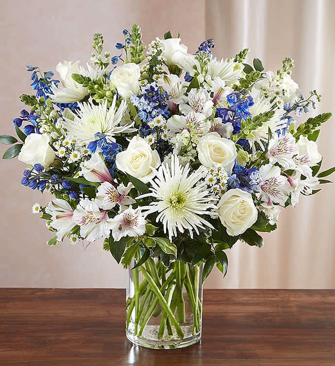 Sympathy flowers vase  - White and blue flowers 