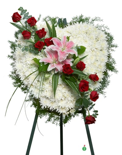 Heart-shaped standing spray of white mums with red roses and pink lilies
