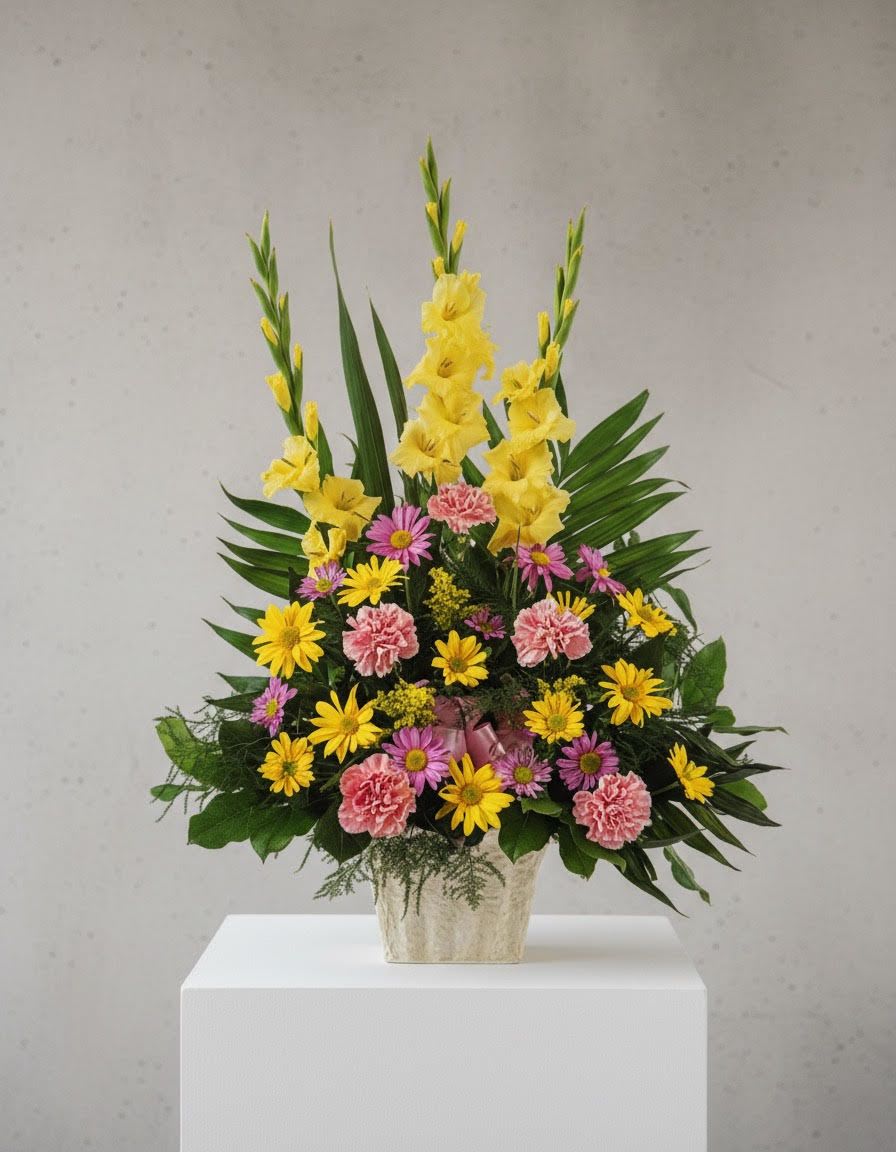 Warm Thoughts Arrangement - When words alone aren't enough, send our Warm Thoughts Arrangement. Softly colored blooms in a traditional design express your heartfelt sympathy and respect.  One arrangement with pink carnations, yellow and lavender daisies, and yellow gladioli, along with a pink ribbon, is delivered in a white container. Orientation: One-Sided