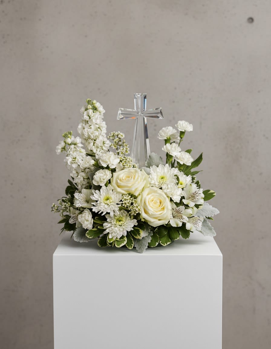 Divine Peace Bouquet - An elegant display of faith and divine peace, this beautiful arrangement will comfort the bereaved in a truly thoughtful and respectful way. An exquisite crystal cross is surrounded by a bed of lovely blossoms. It is sure to be appreciated and always remembered.  A fragrant mix of pure white blooms - including roses, alstroemeria, stock, carnations and waxflower - is accented with dusty miller and variegated pittosporum around an exclusive Crystal Cross keepsake Orientation: One-Sided 