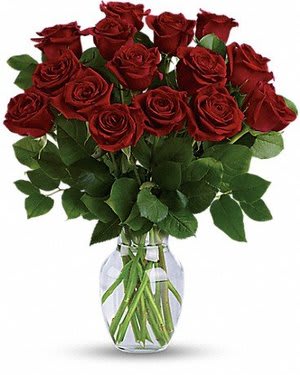 HALF DOZEN (6) RED ROSES - A half dozen, long stemmed, red roses, arranged in a cylinder vase, accompanied with lush foliage.