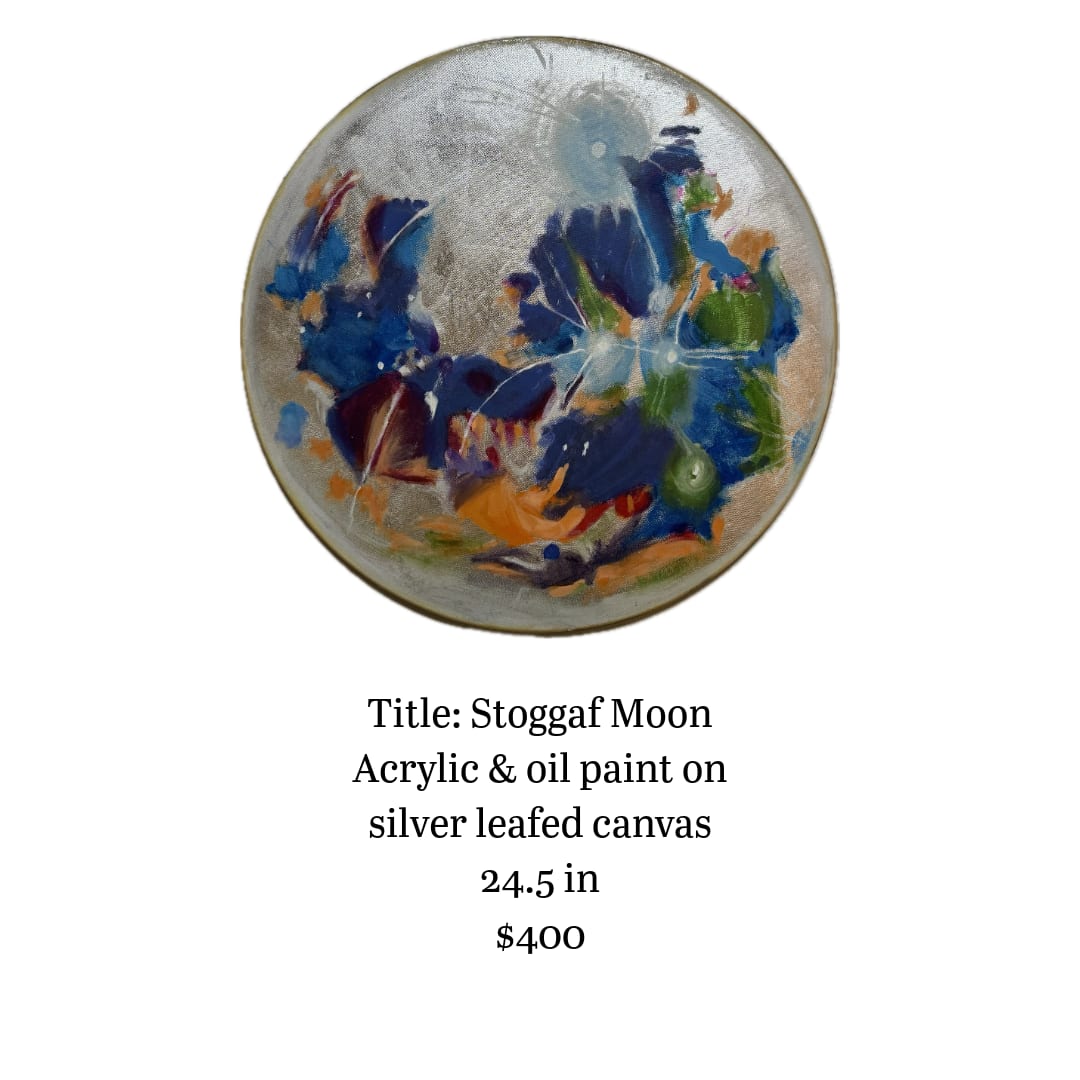Stogaff Moon - There is more color in the moon than our naked eye can see. This is what the moon looks like (loosely) through an infrared lens.   Artist: Arthur Jackson V Title: Stoggaf Moon  Acrylic &amp; oil paint on silver leafed canvas 24.5 in  $400  Please place the order for pickup and we will contact you regarding the cost of shipping the piece to your destination!