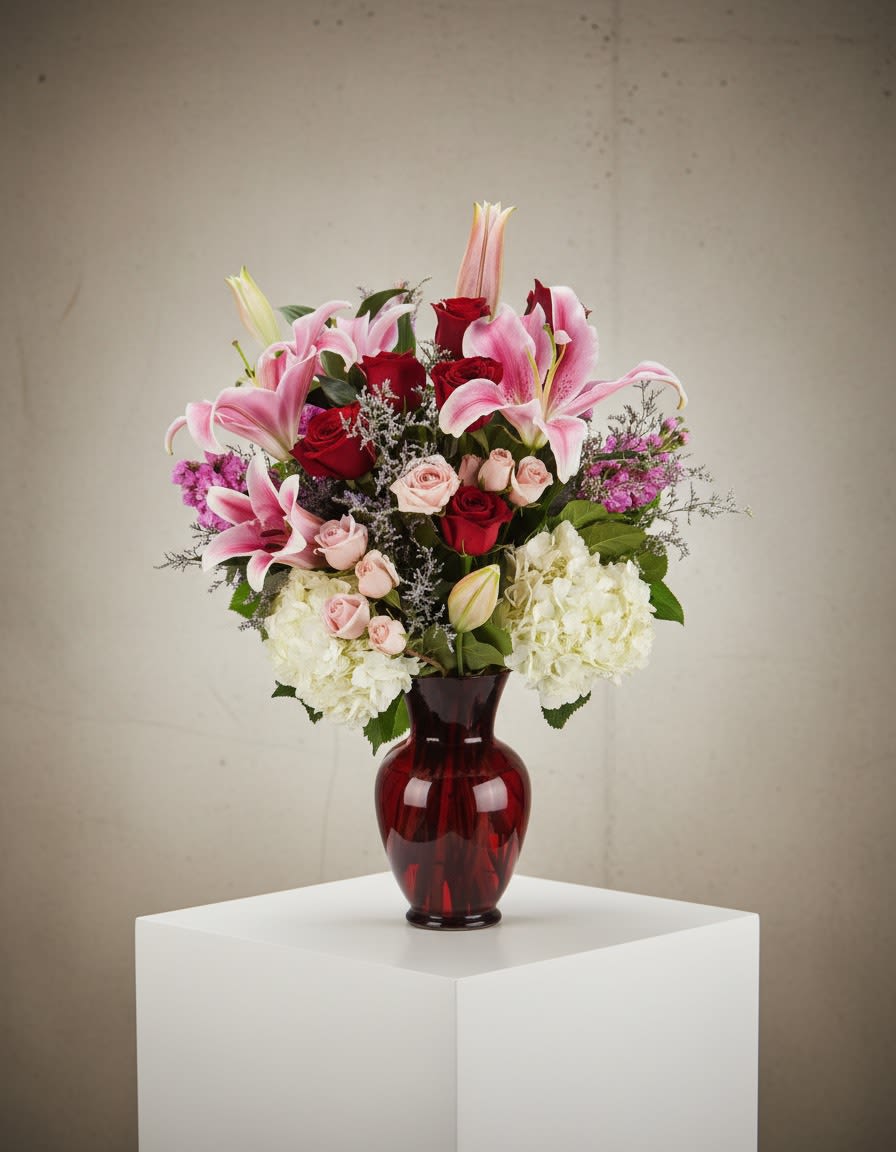 Be Mine  - If your partner's love language is gifts, don't sweat it. This classic (and big!) arrangement is a perfect way to celebrate and show your love. Whether it be Valentine's Day, an anniversary, or a random Tuesday, this arrangement will be sure to wow.  Approximate Dimensions: 20"D x 25"H