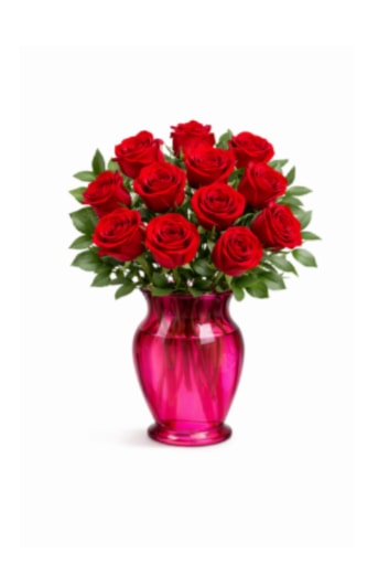 Fuchsia Romance Roses - A stunning arrangement of fresh red roses designed in a vibrant fuchsia glass vase and finished with lush greenery. Perfect for Valentine’s Day—classic, romantic, and guaranteed to make a statement.  Each piece is Designer’s Choice, created with fresh seasonal blooms. Flowers and colors may vary based on availability while maintaining the overall style and quality.  Better for: Valentine’s Day, Anniversary, Romantic Gestures, Congratulations, Just Because.