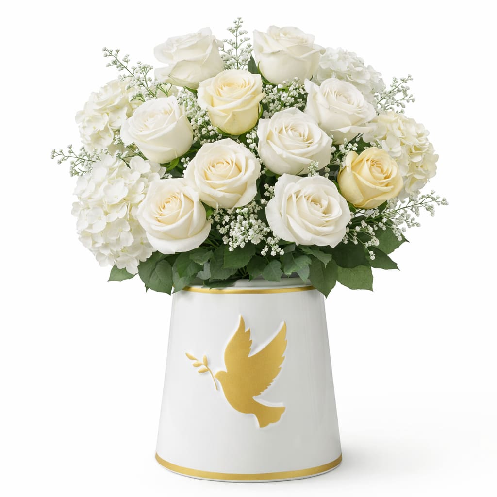Peace &amp; Ivory Garden - A premium-quality arrangement featuring ivory and white roses, lush white hydrangea, delicate baby’s breath, and fresh greenery—designed in a keepsake white vase for a timeless, calming look.  Each piece is Designer’s Choice, created with fresh seasonal blooms. Flowers and colors may vary based on availability while maintaining the overall style and quality.  Best for: Sympathy, condolences, memorial services, thank you, housewarming, anniversaries, and elegant everyday gifting.