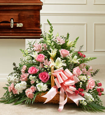 Sincerest Sympathies Fireside Basket-Pink &amp; White - This touching tribute beautifully conveys your sympathy and support. Long stem pink roses and spray roses, white hybrid lilies and snapdragons, and more are arranged by our expert floral designers. FLOOR BASKET UNAVAILABLE. Will sub for similar. Please order 2-3 days in advance.