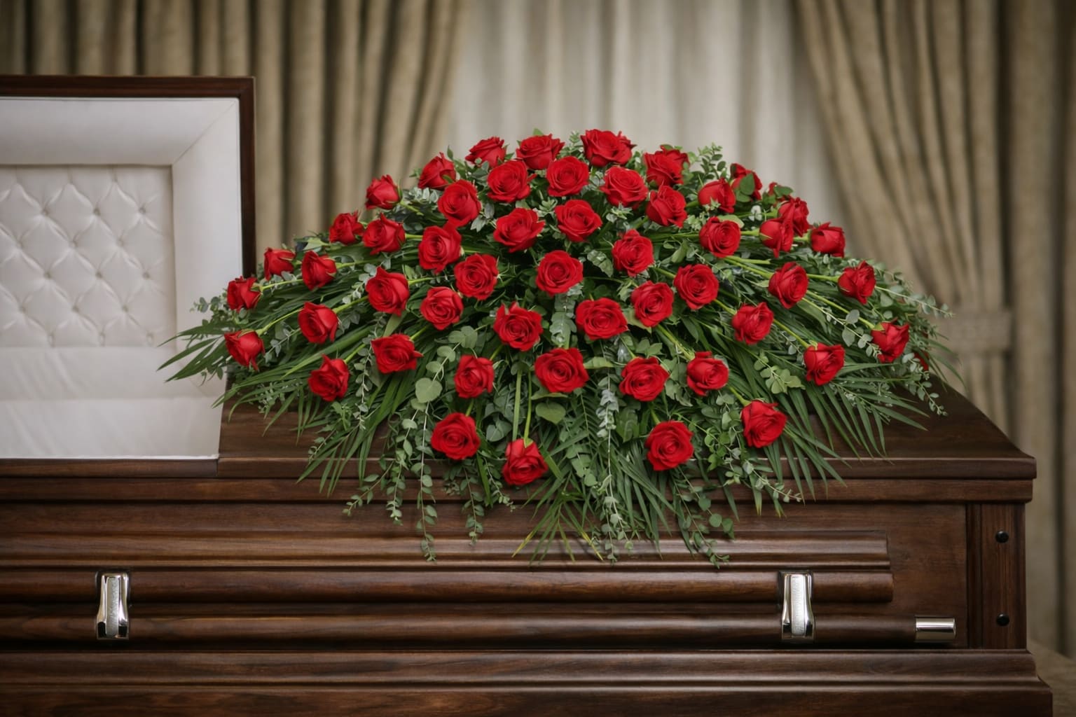 Majestic Casket Spray  - An elegant casket arrangement of 7 dozen vibrant red roses and lush greenery serves as a poignant display of love and respect.   A unique arrangement hand-created by our experienced designers. Please note that every design is custom-made and substitutions to the container and flower types may happen from time to time. Design aspects will always stay the same, but if needed, we will substitute with flowers of equal or greater value to offer you a great floral shopping experience! Our flowers are 100% guaranteed. Please call us with any questions or concerns.