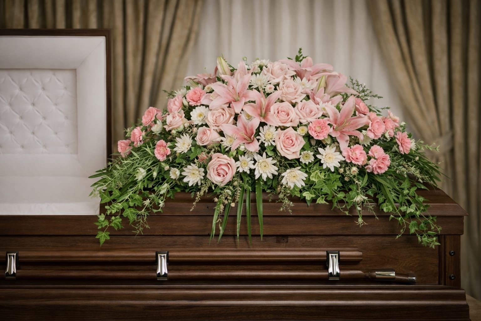 Softly Resting Casket Spray  - An elegant display of pink roses and white flowers, showcasing a harmonious blend of colors and shapes.   A unique arrangement hand created by our experienced designers. Please note that every design is custom made and substitution to container and flower types may happen from time to time. Design aspects will always stay the same, but if needed, we will substitute with flowers of equal or greater value to offer you a great floral shopping experience! Our flowers are 100% guaranteed. Please call us with any questions or concerns.