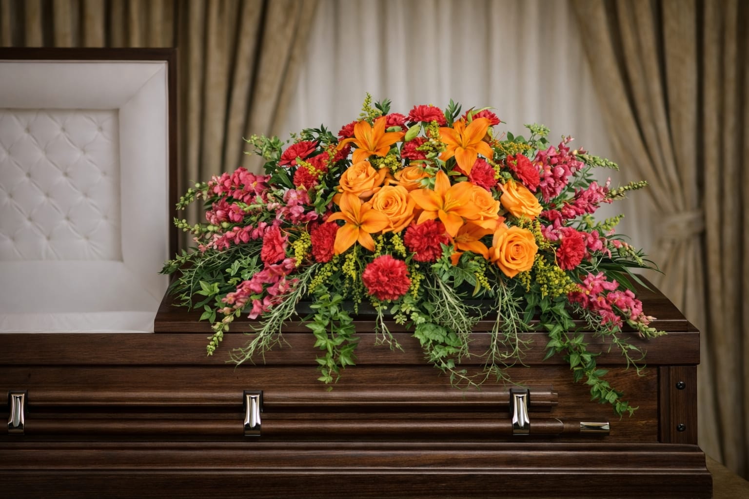 Tribute Casket Spray  - A vibrant display of orange and pink flowers arranged beautifully.   A unique arrangement hand created by our experienced designers. Please note that every design is custom made and substitution to container and flower types may happen from time to time. Design aspects will always stay the same, but if needed, we will substitute with flowers of equal or greater value to offer you a great floral shopping experience! Our flowers are 100% guaranteed. Please call us with any questions or concerns.