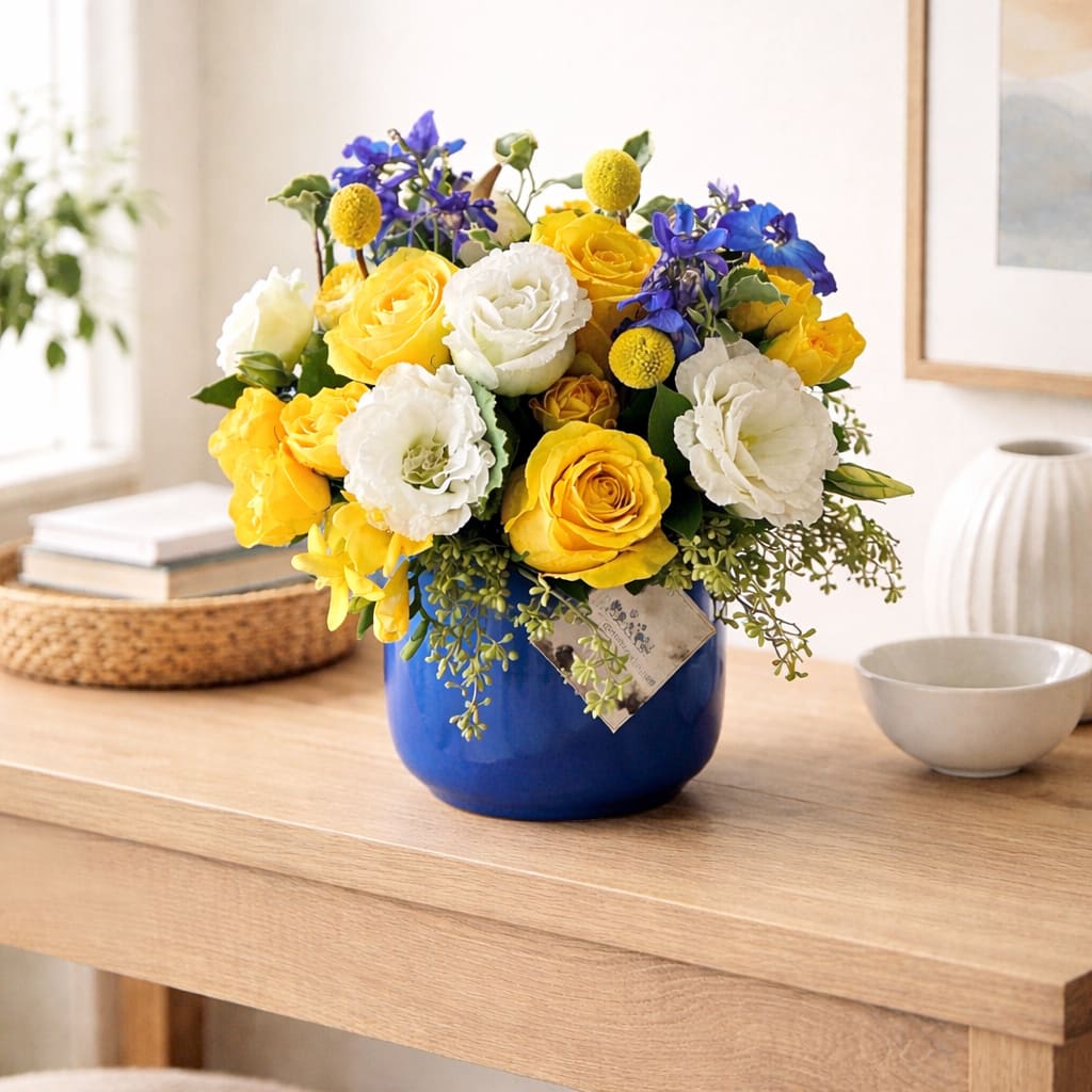 Blue Valencia - Bold, radiant, and full of life, Blue Valencia is a celebration of color and modern elegance. Designed in a striking cobalt blue ceramic vase, this arrangement pairs vibrant golden yellow roses with soft white blooms and vivid blue accents for a look that feels both fresh and elevated.  The rich contrast of sunshine yellows against crisp whites and deep sapphire tones creates a joyful, high-impact design that instantly brightens any space. Lush greenery adds natural texture and movement, giving the arrangement depth and a garden-inspired finish while maintaining a polished, contemporary silhouette.  Perfect for sending warmth, encouragement, congratulations, or simply a burst of happiness, Blue Valencia makes a memorable statement from the moment it arrives.  Design Details:  Premium yellow roses  White accent blooms  Blue focal flowers for contrast  Seasonal greenery for texture  Arranged in a reusable cobalt ceramic vase  Blue Valencia is bold yet refined — a modern floral statement that delivers color, charm, and effortless style.