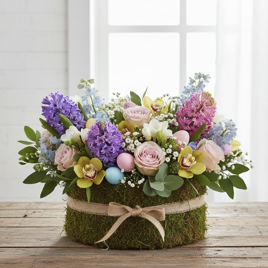 Pastel Petals &amp; Hidden Treasures By Black Cat Florist  - Celebrate the season with this bursting bouquet of spring favorites. Wrapped in rustic burlap and moss, this display hides colorful robin’s eggs among fragrant blooms and fresh greenery, making it the perfect focal point for a family Easter brunch.