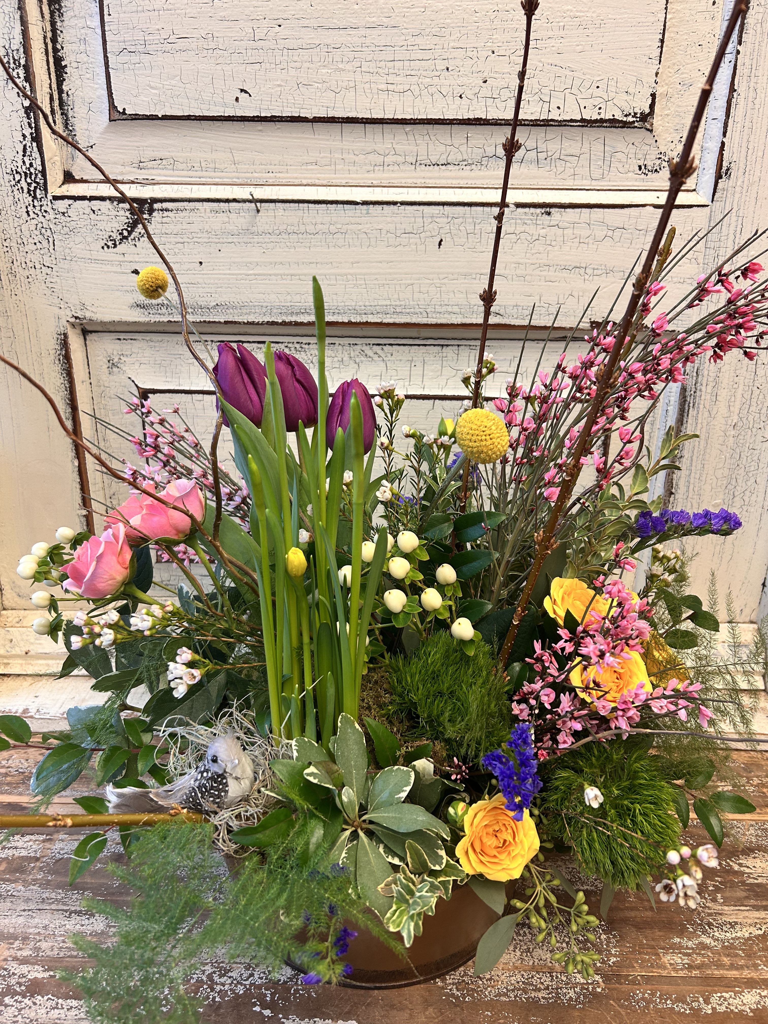 European Garden - A large metal bowl filled with a combination of blooming plants, fresh flowers, foliage and branches, and accented with a small bird makes a lovely gift for any occasion. (Plant selection will vary based on what is seasonally available.)