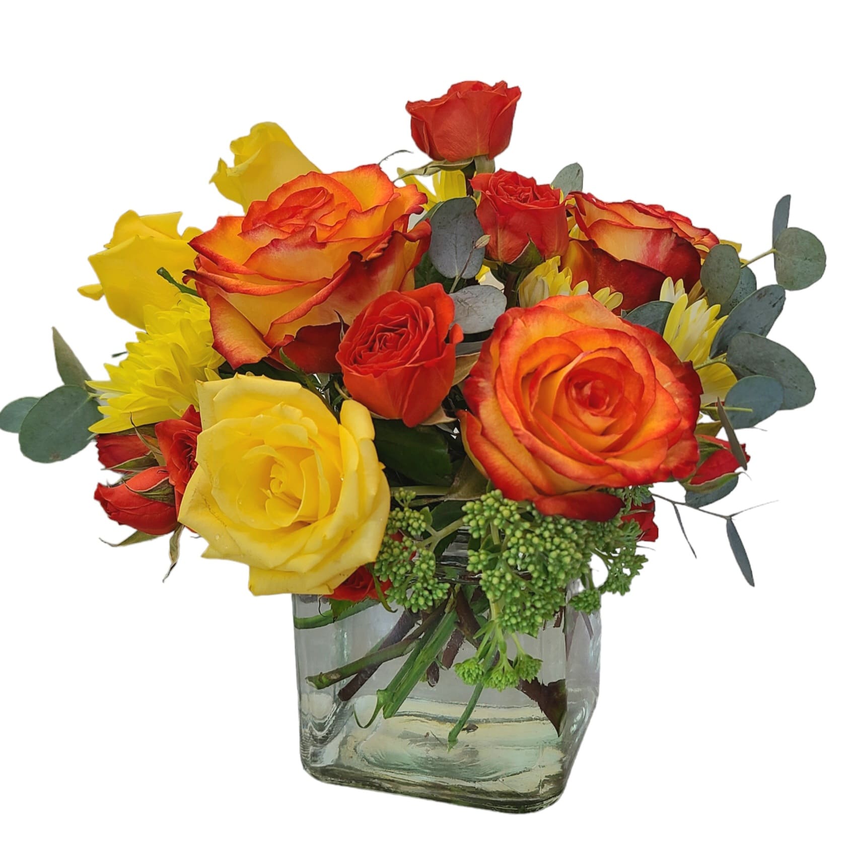 Cheer Up Buttercup  - Yellow and orange roses come together for a fun and fresh arrangement. A great arrangement to send to both men and women as a gift, these flowers light up any room. Send this to cheer someone up, for admin professionals week, Cinco De Mayo, or a birthday.  Approximate Dimensions: 10"D x 10"H