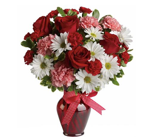 Hugs and Kisses Bouquet - Delight your love with this beautiful  bouquet of bright white chrysanthemums, precious pink carnations, romantic red roses and more in a radiant red vase.