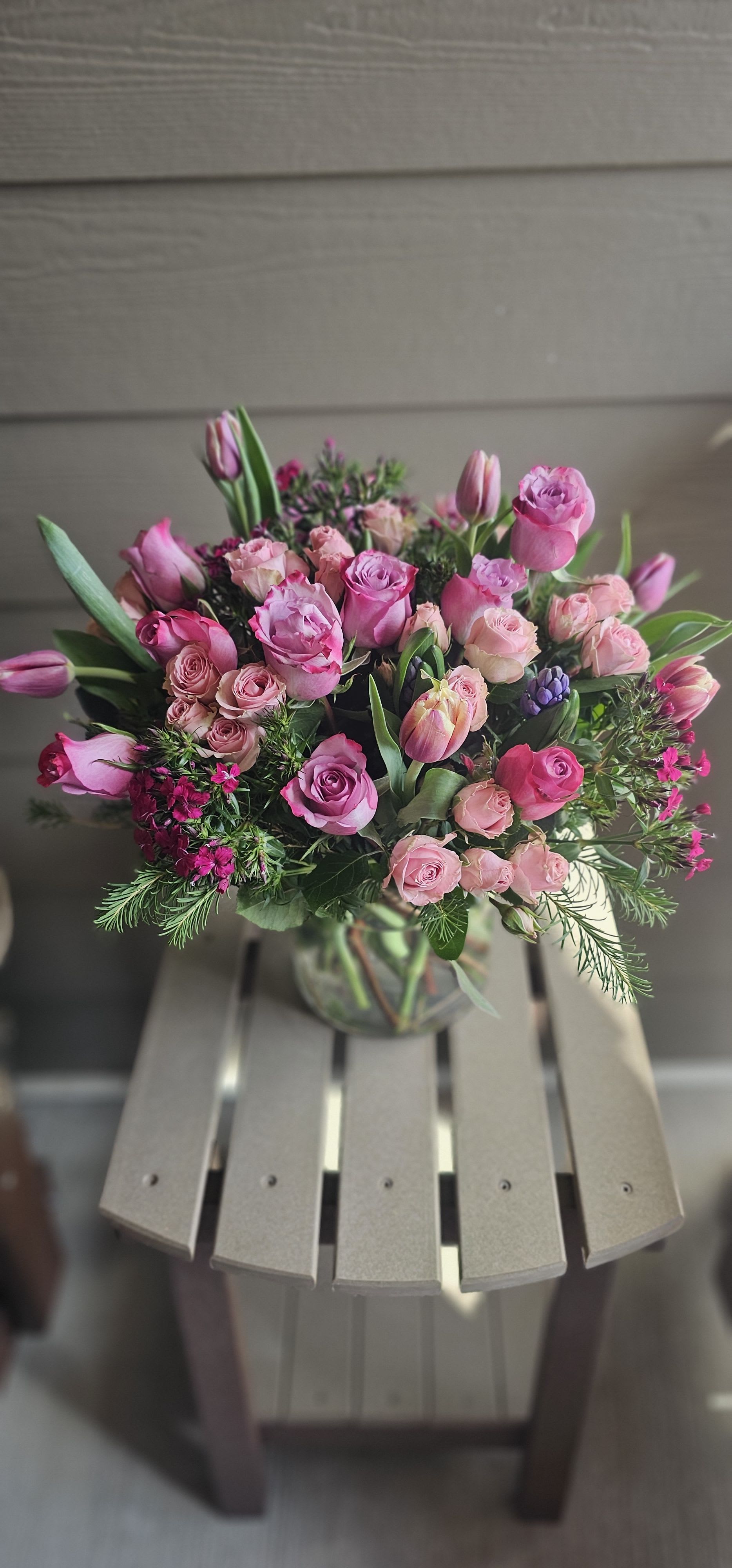 Blush &amp; Lavender Garden Bouquet  -  Soft, Romantic &amp; Effortlessly Elegant – This dreamy bouquet features a graceful blend of blush pink and soft lavender roses, tulips, spray roses, and delicate seasonal accents, all artfully arranged in a clear glass vase.   A Gentle Expression of Beauty – With its soothing color palette and lush garden-inspired style, this bouquet is perfect for expressing love, gratitude, admiration, or simply brightening someone's day.   Handcrafted for Meaningful Moments – Designed with attention to detail and freshness, the Blush &amp; Lavender Garden makes a beautiful gift for birthdays, anniversaries, sympathy, or everyday appreciation.   The soft hues and full, layered blooms create a timeless and calming presence, making it a favorite for both gifting and home décor.   Why Customers Love It: ️ Elegant, feminine color palette ️ Full and fresh premium blooms ️ Versatile for any thoughtful occasion ️ Designed to impress   Available for Same-Day Delivery  Limited quantities available — order early for the best selection!  