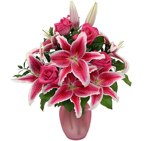 Breathtaking - Celebrate your anniversary by sending her this moving bouquet of pink roses intermixed with stargazer lilies, perfectly presented in a frosted pink vase. 