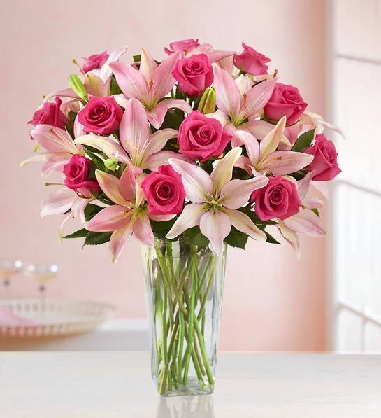 Lilies and Roses (Pink) - Pink lilies and pink roses