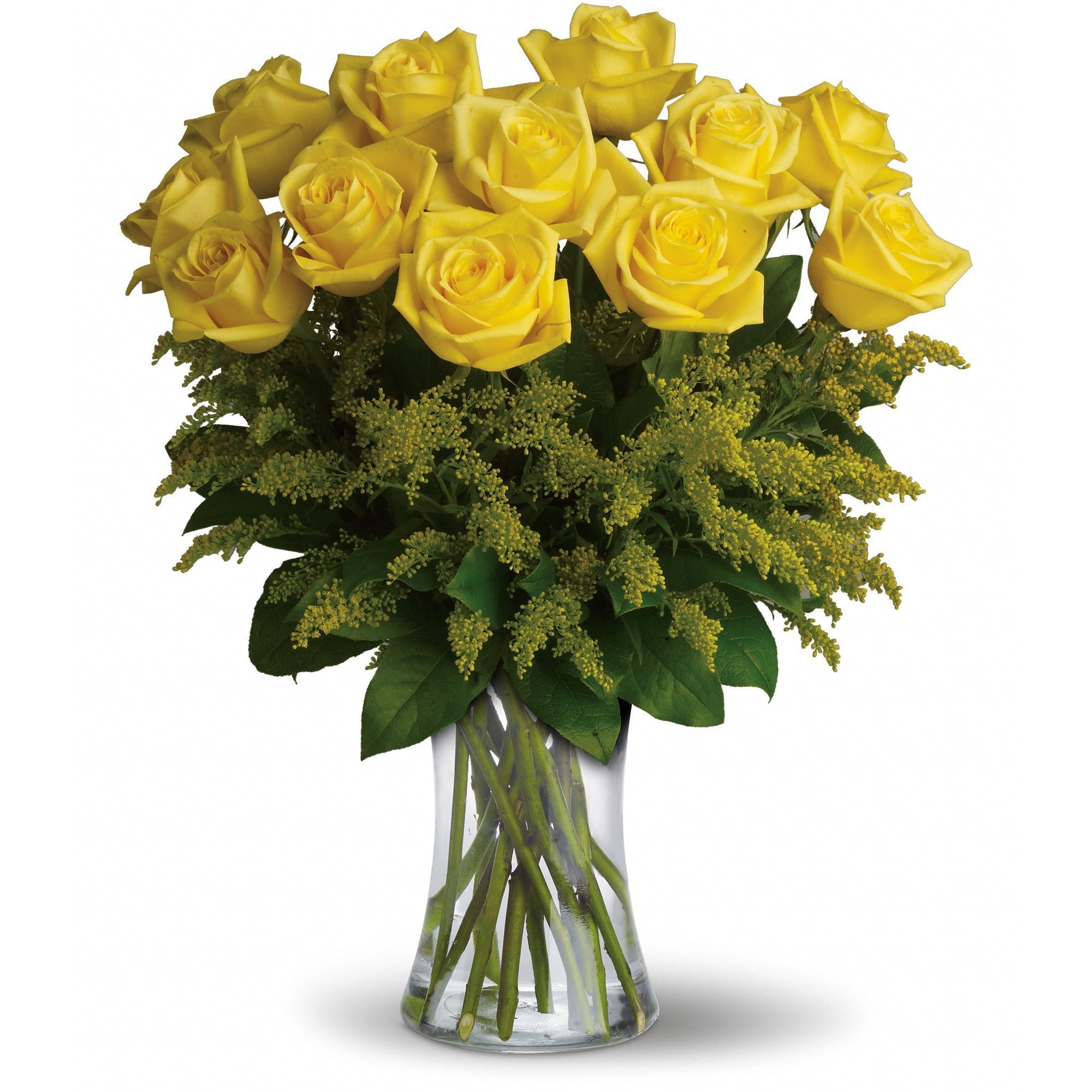 Rosy Glow Bouquet - Yellow roses symbolize friendship, and sending this sunny bouquet of bright yellow flowers is such a beautiful way to celebrate a special bond. Destined to make anyone's day glow, these roses are brilliant!  Glowing yellow roses and solidago mixed with greens are delivered in a clear glass gathering vase. Sunny skies ahead!  Approximately 16" W x 20" H  Orientation: All-Around 