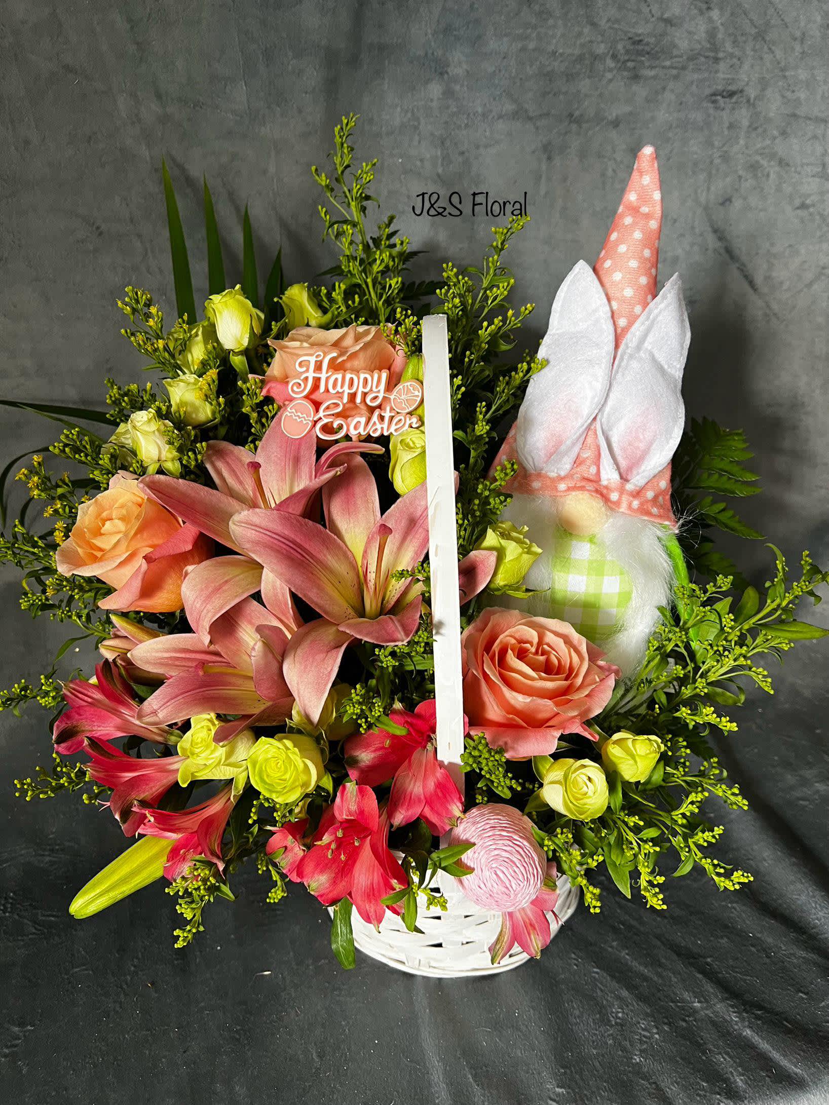 The Easter Gnome Basket  - Introducing Our New Design The Easter Gnome Basket , where elegance meets nature's artistry. Embrace the beauty of our latest creation, meticulously crafted to bring a touch of floral enchantment into your world. Discover a celebration of Easter in every petal with the easter gnome.  The size shown is the standard size