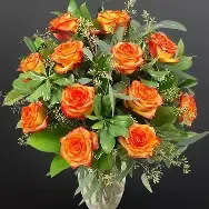 Dozen Carnival Roses - These premium, long-stemmed Carnival roses are a real show-stopper! They are designed in a glass vase with greenery and filler, they're fun, bold and totally unforgettable. 
