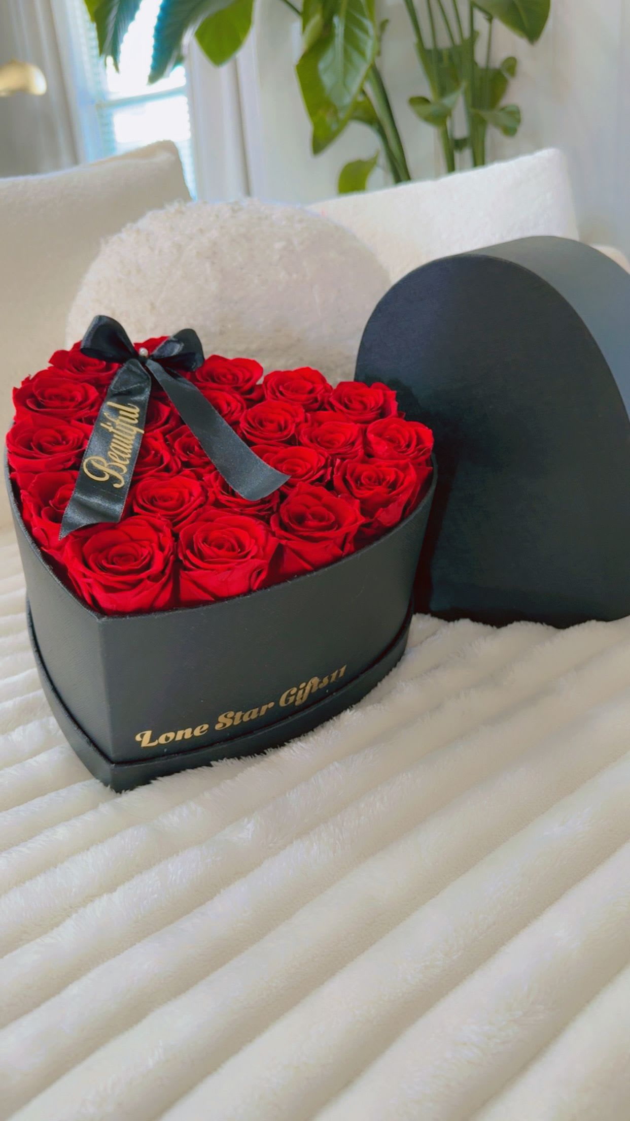 Preserved Red Roses Heart Box - Luxury heart box filled with real preserved red roses that last over a year. No water needed. A timeless and elegant gift for any romantic occasion.