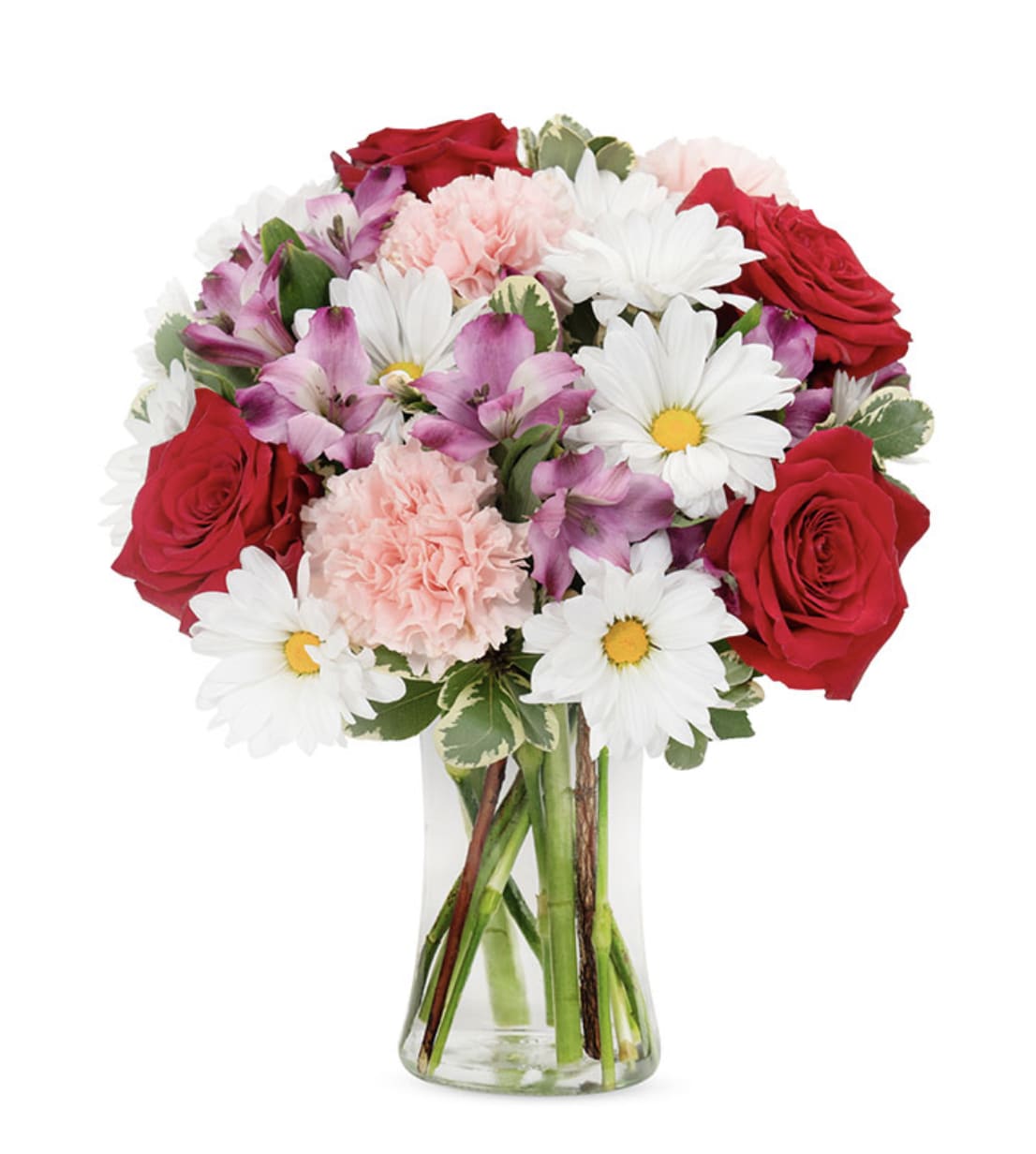 A New Day - Daisy, carnation, red roses in a clear glass vase.