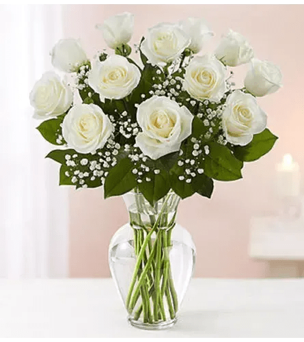 Eckert Florist's White Roses Bouquet  - The White Rose Bouquet is a graceful expression of beauty. One dozen of our finest white roses are perfectly accented with lush greens, floral filler, and arranged in a clear glass vase to create a sentiment of elegant wishes that will bring comfort and warmth.