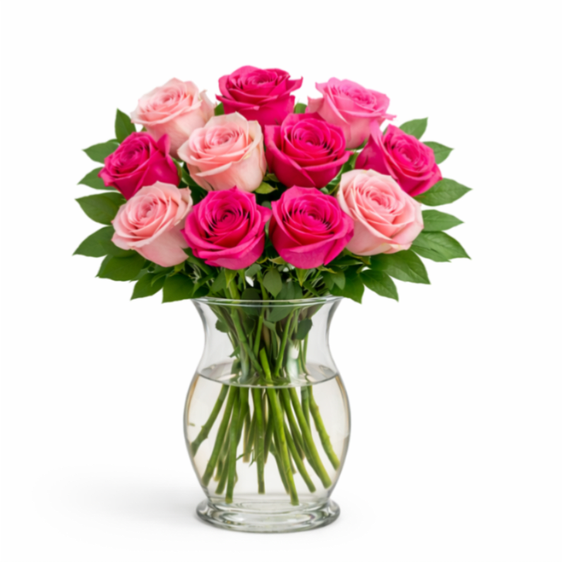 Pink Kiss Roses - A vibrant Valentine’s rose bouquet featuring a romantic mix of fuchsia and soft blush roses, finished with fresh greenery in a clear glass vase. Bright, modern, and made to wow—perfect for celebrating love in full color.  Each piece is Designer’s Choice, created with fresh seasonal blooms. Flowers and colors may vary based on availability while maintaining the overall style and quality.  Better for: Valentine’s Day, Anniversary, Love &amp; Romance, Birthday, Thinking of You, Just Because, Mother’s Day, Woman’s Day