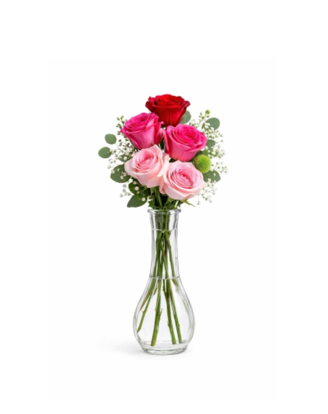 Pink Kiss Bud Vase - A sweet mix of blush and hot pink roses, finished with airy baby’s breath and fresh greenery in a tall clear vase.  Each piece is Designer’s Choice, created with fresh seasonal blooms. Flowers and colors may vary based on availability while maintaining the overall style and quality.  Better for: Valentine’s Day, Anniversary, Love &amp; Romance, Birthday, Thinking of You, Just Because, Mother’s Day, Woman’s Day