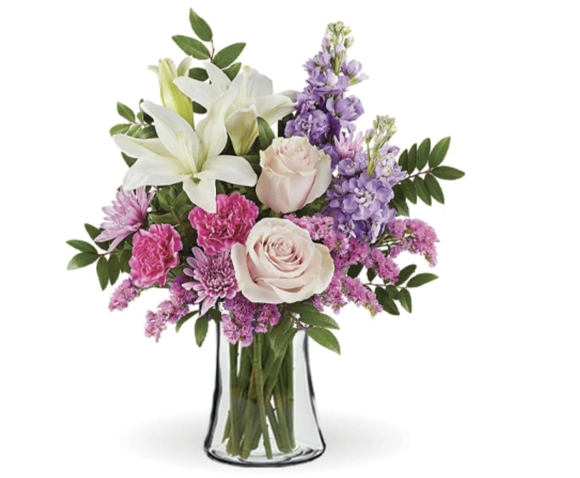 Whimsical - Such a pretty design for Birthday, get well, anniversary or everyday. Mum, rose, lily and more in a glass gathering vase.