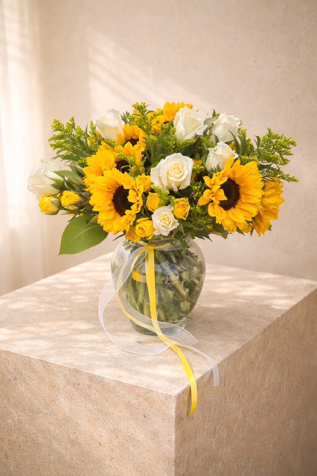 Sunshine Elegance  - A radiant arrangement of vibrant sunflowers and classic white roses accented with fresh greenery, beautifully designed in a clear glass vase. This cheerful piece brings warmth, brightness, and timeless elegance to any space.