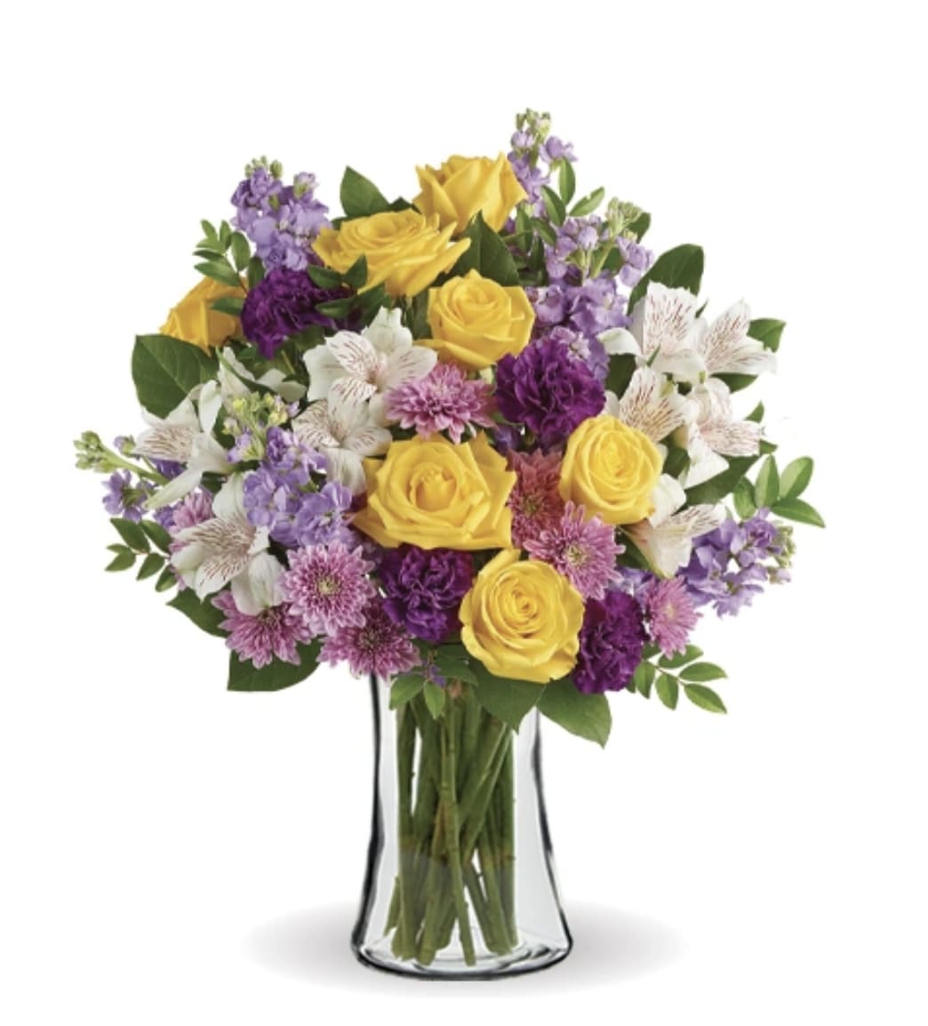 Cheerful Garden - Yellow roses, white alstroemeria, pompons, chrysanthemum, greenery in a clear glass gathering vase