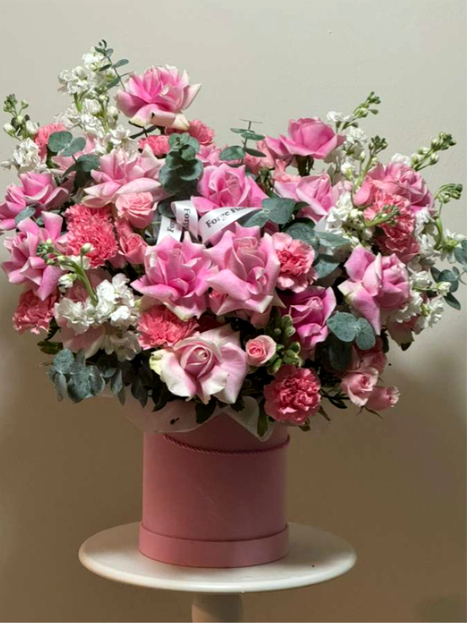 Dreamy Pink Rose box  - Fragrant eucalyptus with pink French roses in a cute pink hat box!