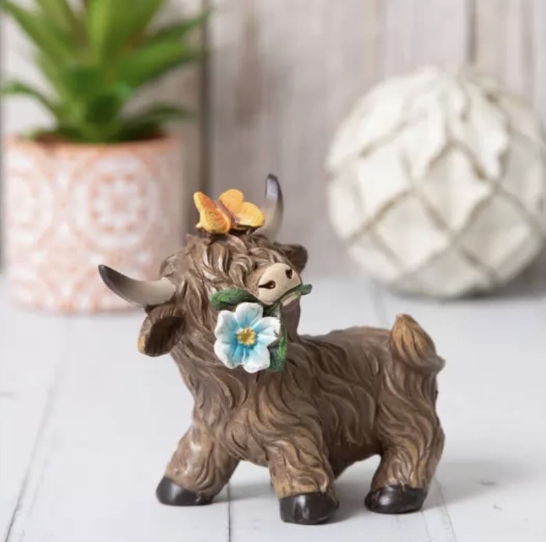 Highland Cow With Blue Flower Figurine - A cute Spring Highland Cow