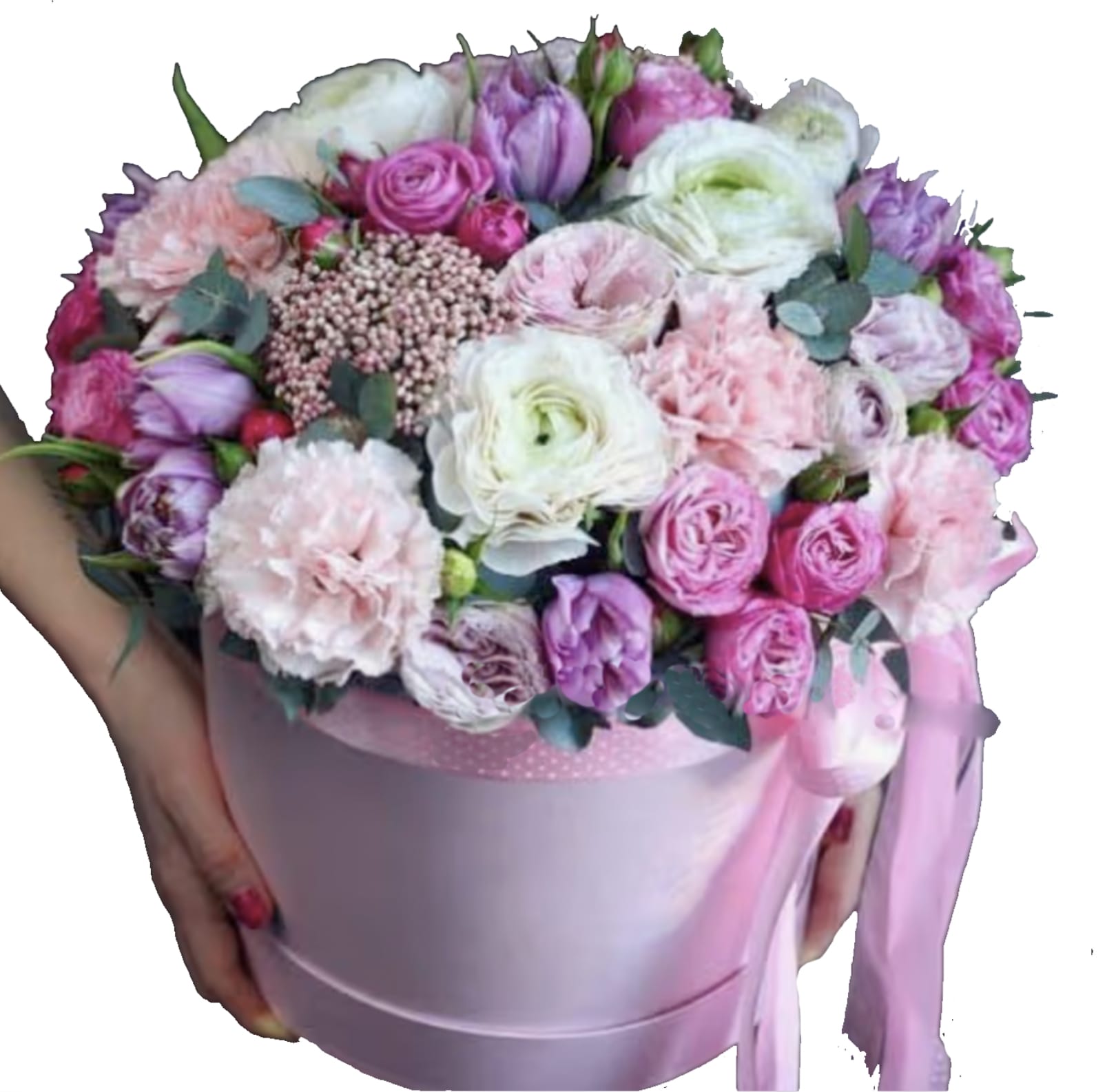 PINK HAT BOX - So many pretty flowers, tulips, ranunculus, roses and more 