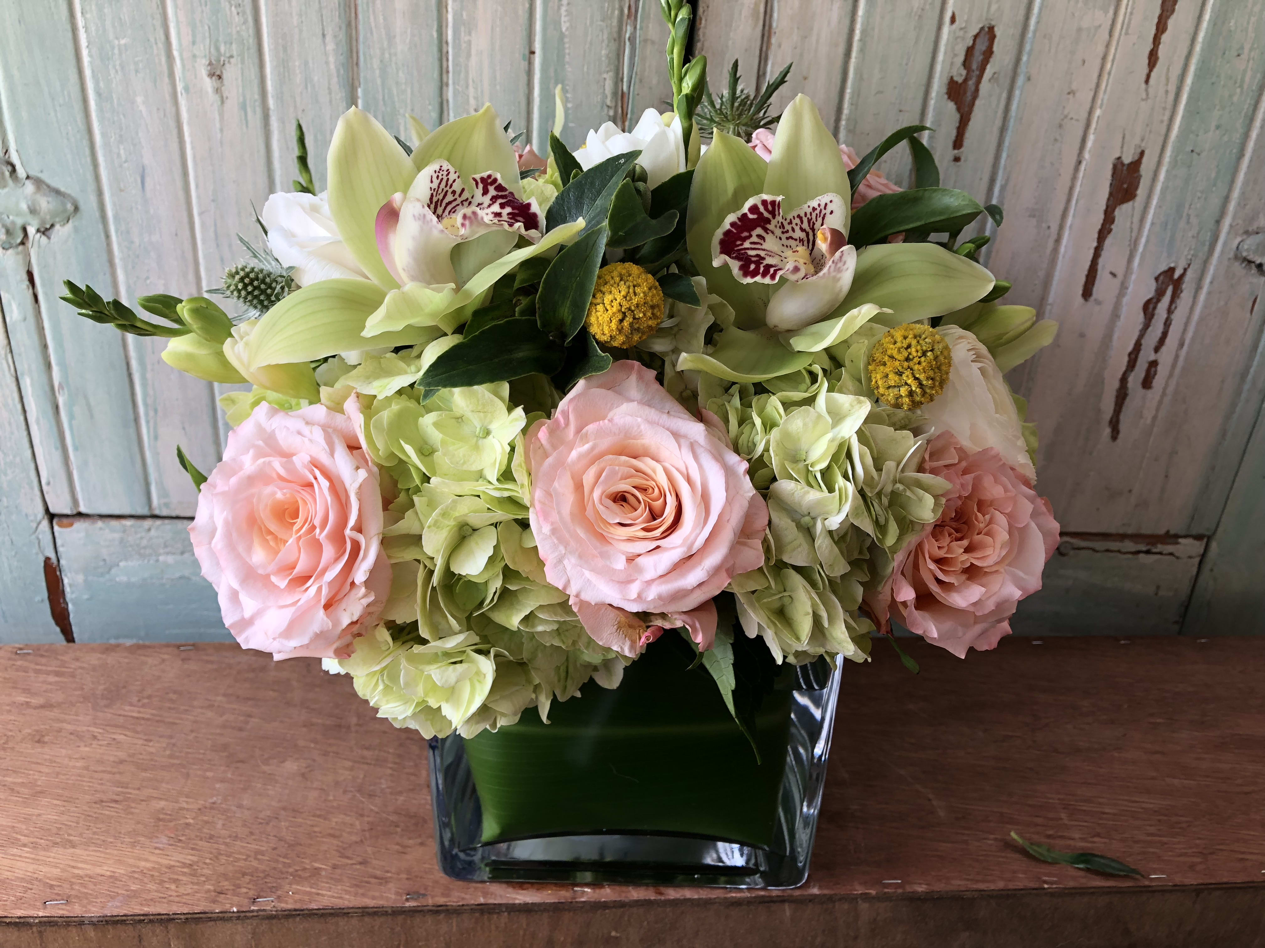 Cute Cube - Ti leaf lined glass cube with Blush roses, green cymbidum and green hydrangea with added textural elements of billy balls, erigum and seasonal greens.  This arrangement can be done in a variety of color combinations to suit your needs. Due to covid related shortages we may not be able to match the arrangement exactly.  Containers or flowers may substituted at designers discretion. Thank you for your understanding.