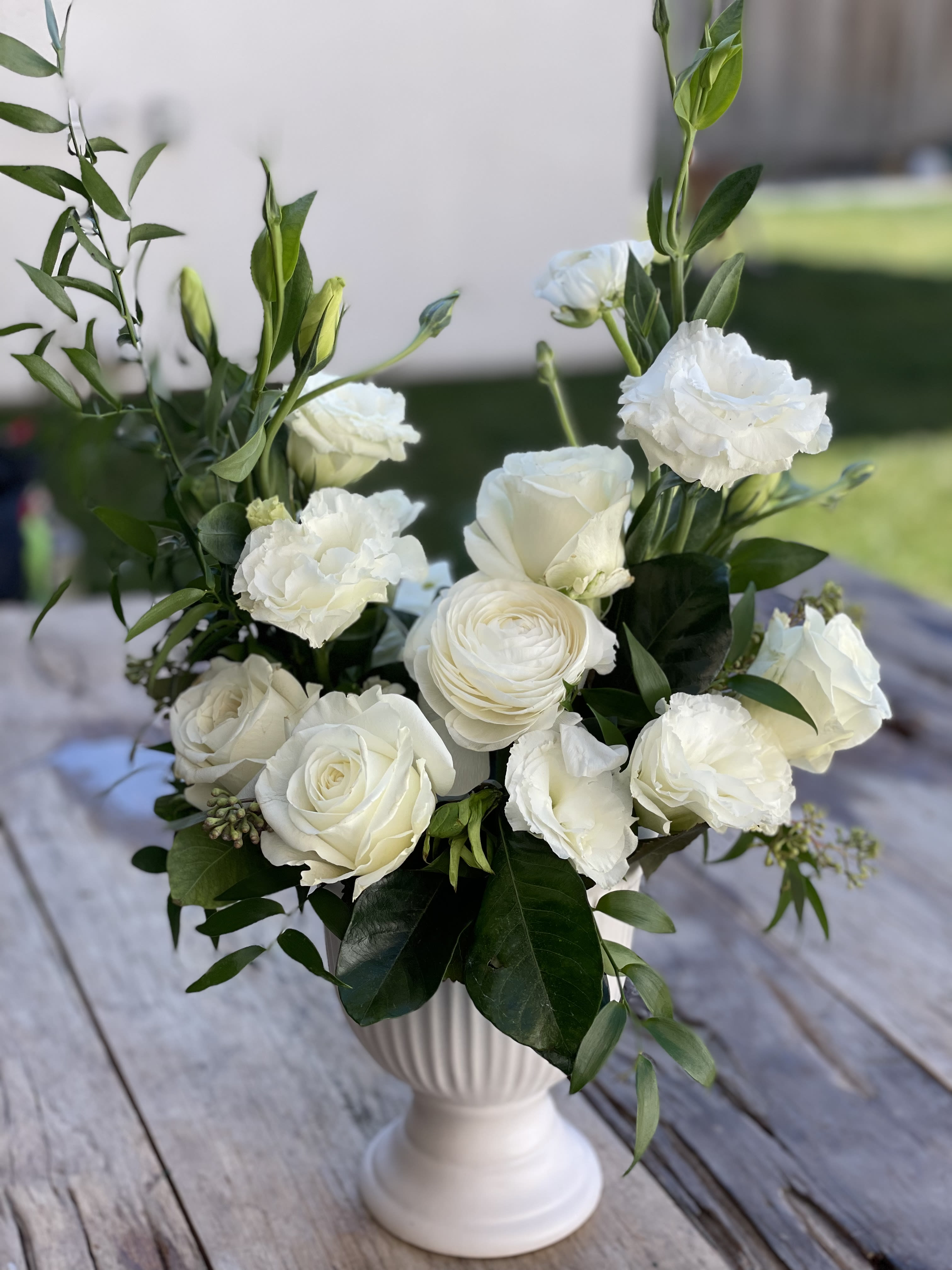 Fab footed bowl - Luscious footed bowl with loose mix of white blooms based on availability.  May include roses, lissianthus, ranuculas or other seasonal blooms with seasonal greenery- ruskus gardenia, etc.