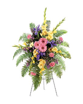 Hope and Harmony Spray - If you want to send a message of hope this lovely spray with its pink yellow and lavender flowers sends it harmoniously. One spray of pink carnations peach gerberas yellow gladioli blue iris and lavender Monte Cassino asters is delivered on an easel. Approximately 34" W x 44" H Orientation: One-Sided   TF189-3