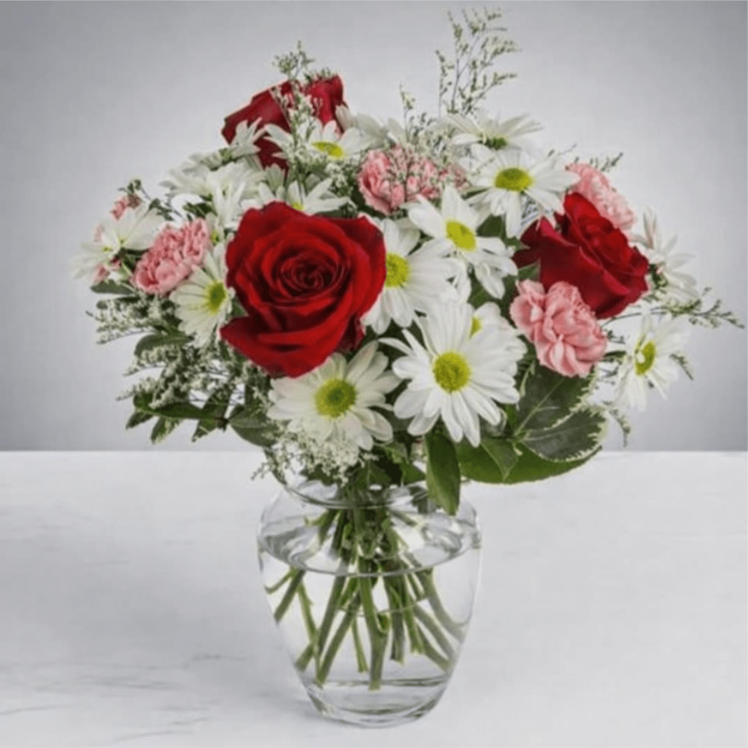 Boldly Bashful by BloomNation™ - This bouquet is a sweet way to show someone you care. Boldly Bashful by BloomNation™ is a great gift for Valentine's Day or Birthday.   Arrangement Details: Includes white chrystanthemum spray daisies, pink carnations, and red roses.  APPROXIMATE DIMENSIONS: 12" H X 10" W